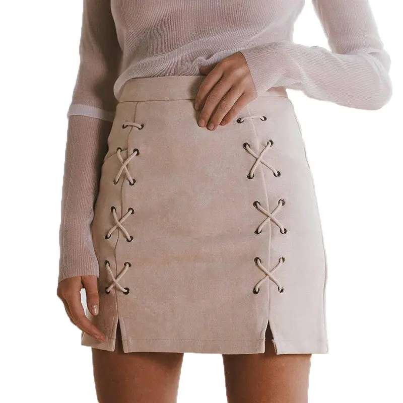 Sexy Pencil Skirt Women Lace Up High Waist Skirt Leather Suede Split Bodycon Women's Mini Skirt Plus Size Saias 3