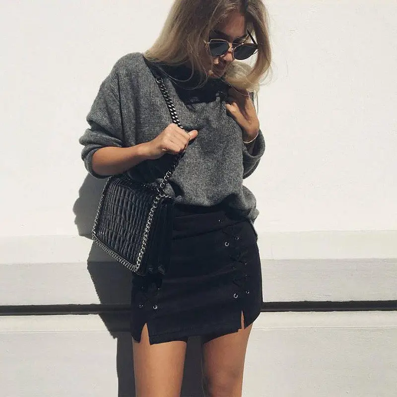 Sexy Pencil Skirt Women Lace Up High Waist Skirt Leather Suede Split Bodycon Women's Mini Skirt Plus Size Saias 7
