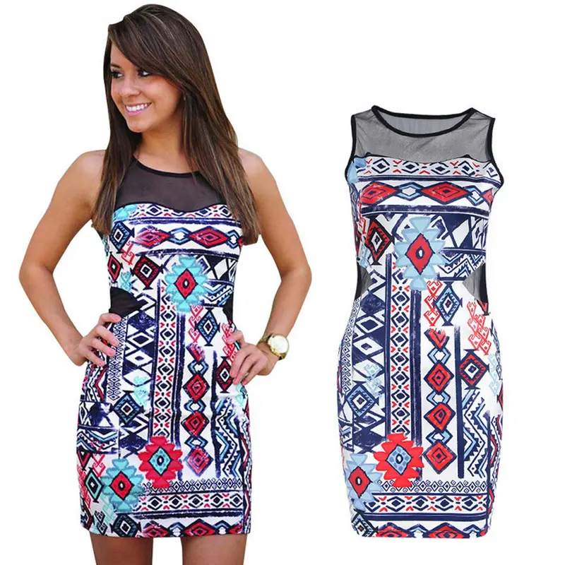Sexy Perspective Net Yarn Stitching Print Dress Round Neck Sleeveless Mini Dress Bodycon Package Hip Vestido De Festa 2