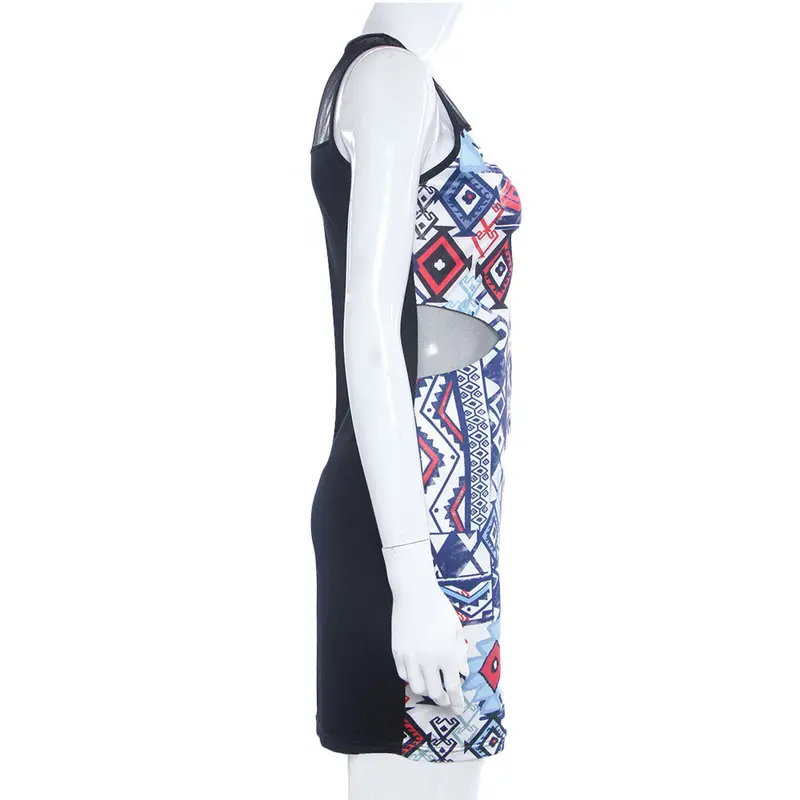 Sexy Perspective Net Yarn Stitching Print Dress Round Neck Sleeveless Mini Dress Bodycon Package Hip Vestido De Festa 3