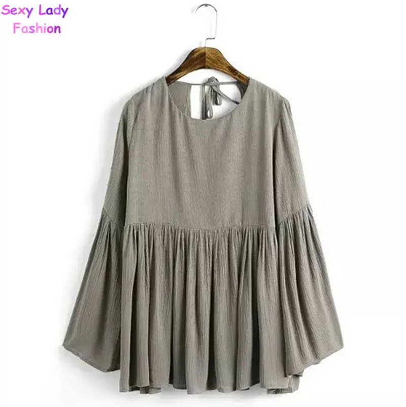 Sexy Pleated Backless Streamer O Neck Flare Sleeve Pullover Shirt Women Strappy Cotton Shirt Blouse Tops 2