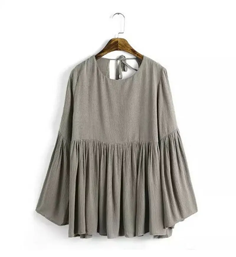 Sexy Pleated Backless Streamer O Neck Flare Sleeve Pullover Shirt Women Strappy Cotton Shirt Blouse Tops 3