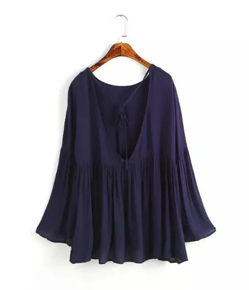 Sexy Pleated Backless Streamer Strappy Flare Sleeve Pullover Shirt Women Cotton Shirt Blouse Tops 1