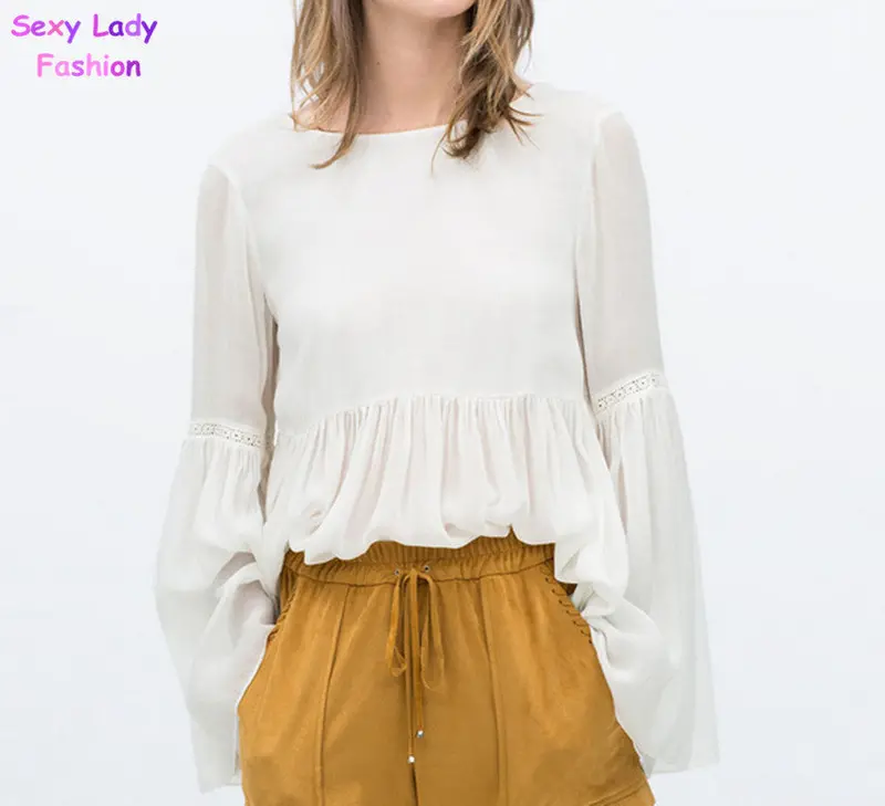 Sexy Pleated Backless Streamer Strappy Flare Sleeve Pullover Shirt Women Cotton Shirt Blouse Tops 3