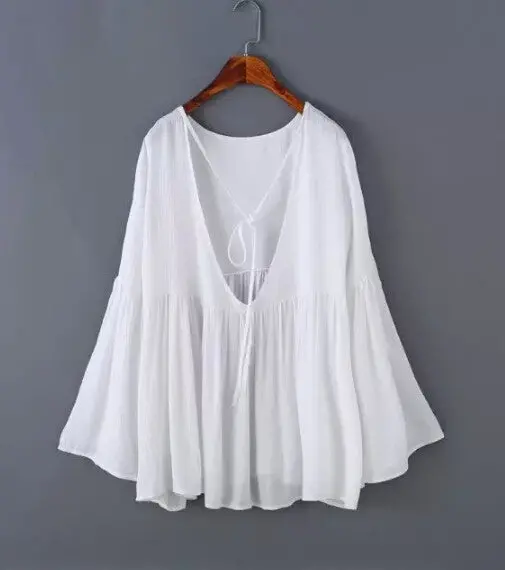Sexy Pleated Backless Streamer Strappy Flare Sleeve Pullover Shirt Women Cotton Shirt Blouse Tops 4