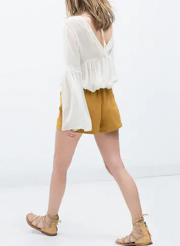 Sexy Pleated Backless Streamer Strappy Flare Sleeve Pullover Shirt Women Cotton Shirt Blouse Tops 4