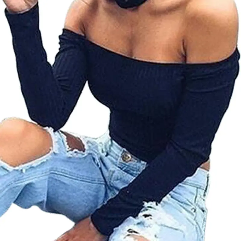 Sexy Pull Femme Women Knitted Sweater Off Shoulder Top Long Sleeve Slash Neck Solid Stretch Sweater Tops Cropped Pullover Gv391 10