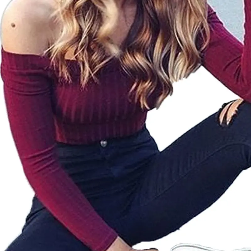 Sexy Pull Femme Women Knitted Sweater Off Shoulder Top Long Sleeve Slash Neck Solid Stretch Sweater Tops Cropped Pullover Gv391 11
