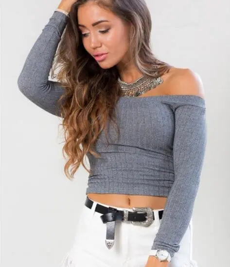 Sexy Pull Femme Women Knitted Sweater Off Shoulder Top Long Sleeve Slash Neck Solid Stretch Sweater Tops Cropped Pullover Gv391 7