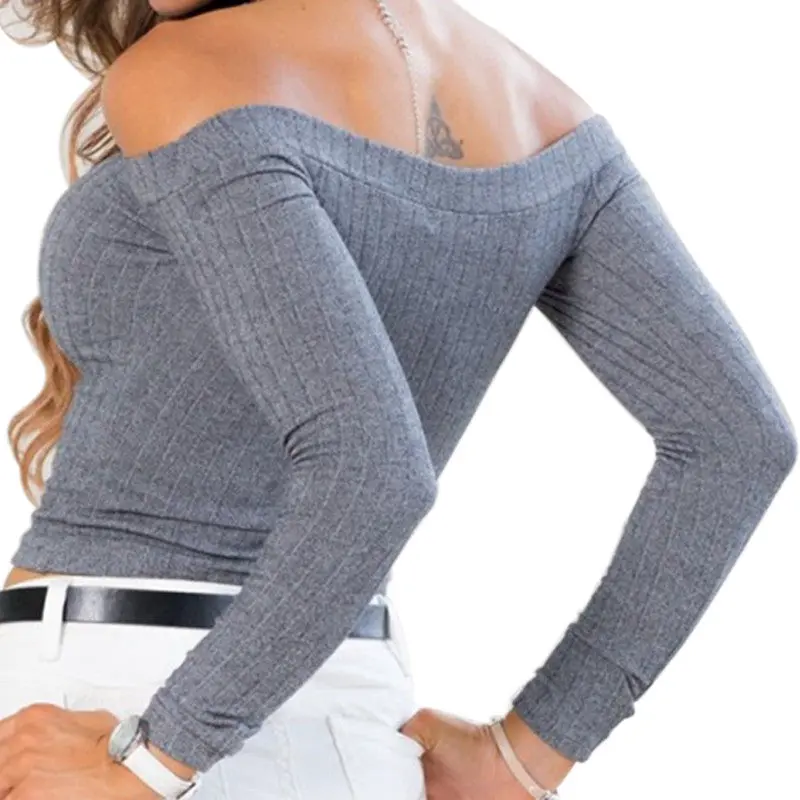 Sexy Pull Femme Women Knitted Sweater Off Shoulder Top Long Sleeve Slash Neck Solid Stretch Sweater Tops Cropped Pullover Gv391 8