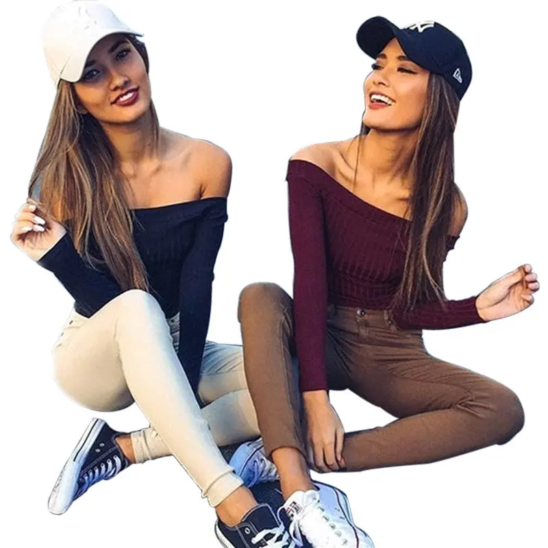 Sexy Pull Femme Women Knitted Sweater Off Shoulder Top Long Sleeve Slash Neck Solid Stretch Sweater Tops Cropped Pullover Gv391 9