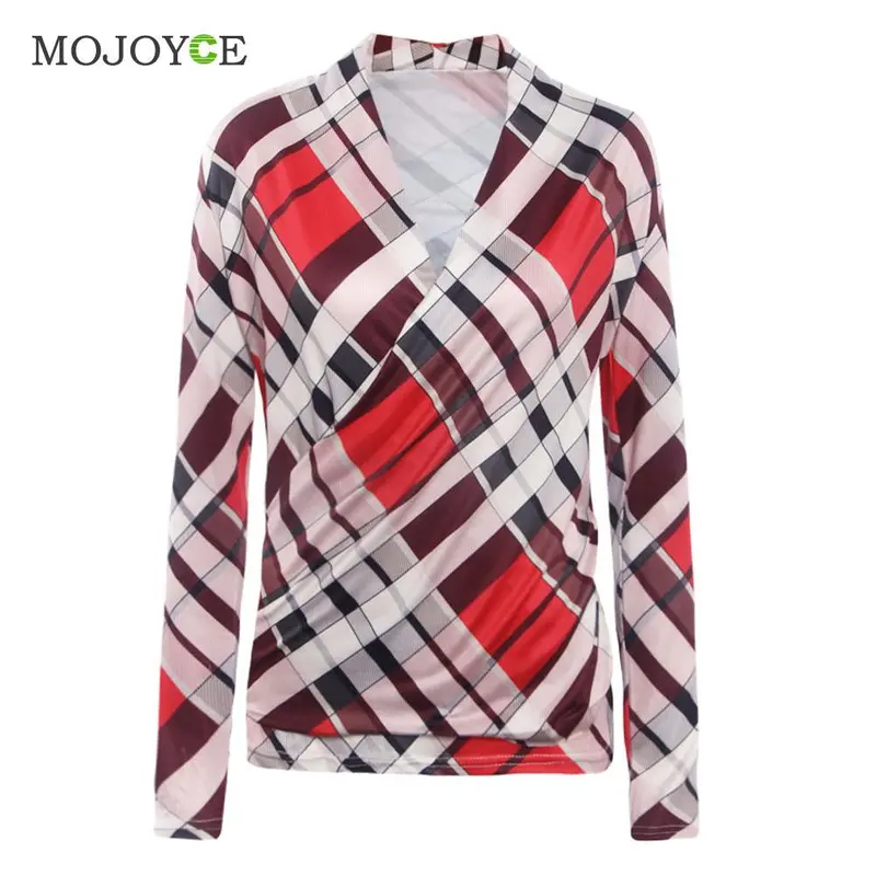 Sexy Red Plaid Women Blouses Shirts Casual V Neck Tops Shirt Women Blusas Feminina Plus Size Women Tops Blusas Y Camisas Mujer 2