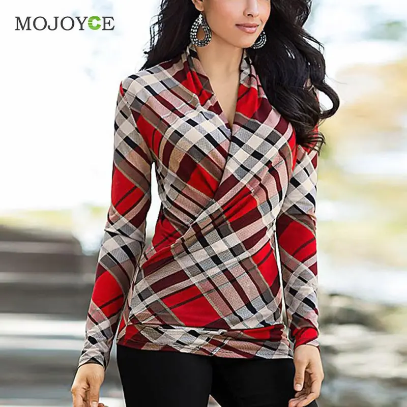 Sexy Red Plaid Women Blouses Shirts Casual V Neck Tops Shirt Women Blusas Feminina Plus Size Women Tops Blusas Y Camisas Mujer 3