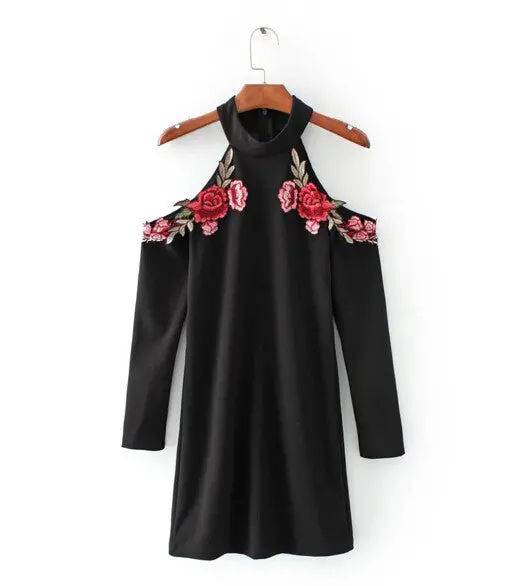 Sexy Red Rose Flower 3D Appliques Embroidery Off Shoulder Sheath Dress Vintage Woman Long Sleeve Package Hips Dresses Black 1