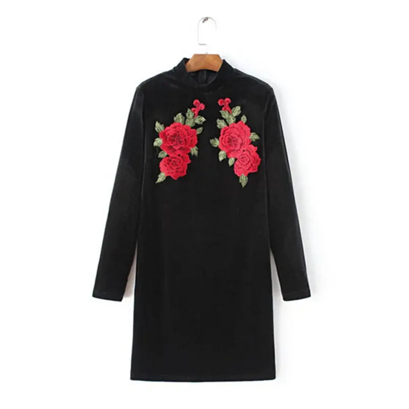 Sexy Red Rose Flower 3D Appliques Embroidery Sheath Velvet Dress Vintage Woman Half Turtleneck Long Sleeve Package Hips Dresses 1