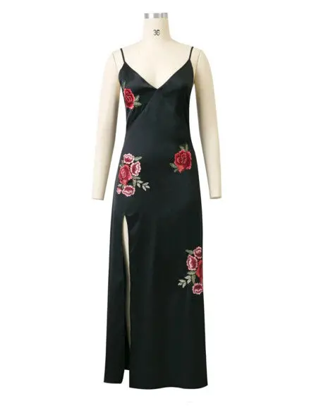 Sexy Red Rose Flower 3D Appliques Embroidery Side Slit Dress Vintage Woman Print Flower Spaghetti Strap Long Dresses Black 1