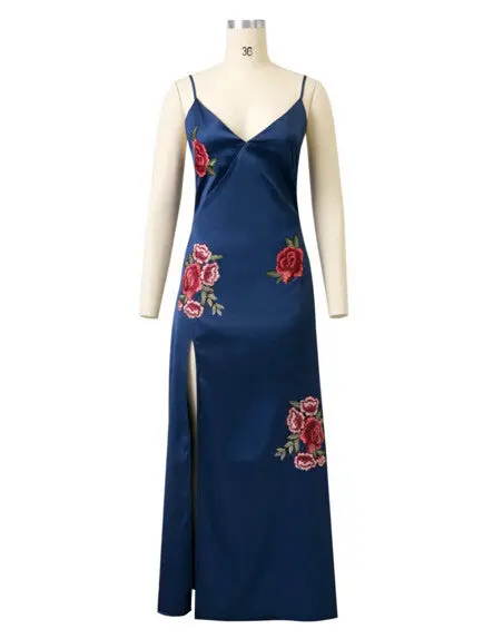 Sexy Red Rose Flower 3D Appliques Embroidery Side Slit Dress Vintage Woman Print Flower Spaghetti Strap Long Dresses Black 4
