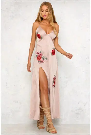 Sexy Red Rose Flower 3D Appliques Embroidery Side Slit Dress Vintage Woman Print Flower Spaghetti Strap Long Dresses Black 7