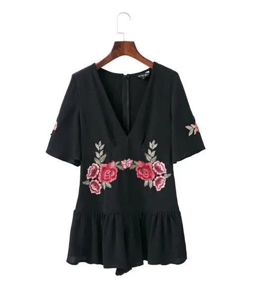 Sexy Red Rose Flower Appliques Embroidery Jumpsuit Woman V Neck Short Sleeve Short Pants Romper Overalls Black 1