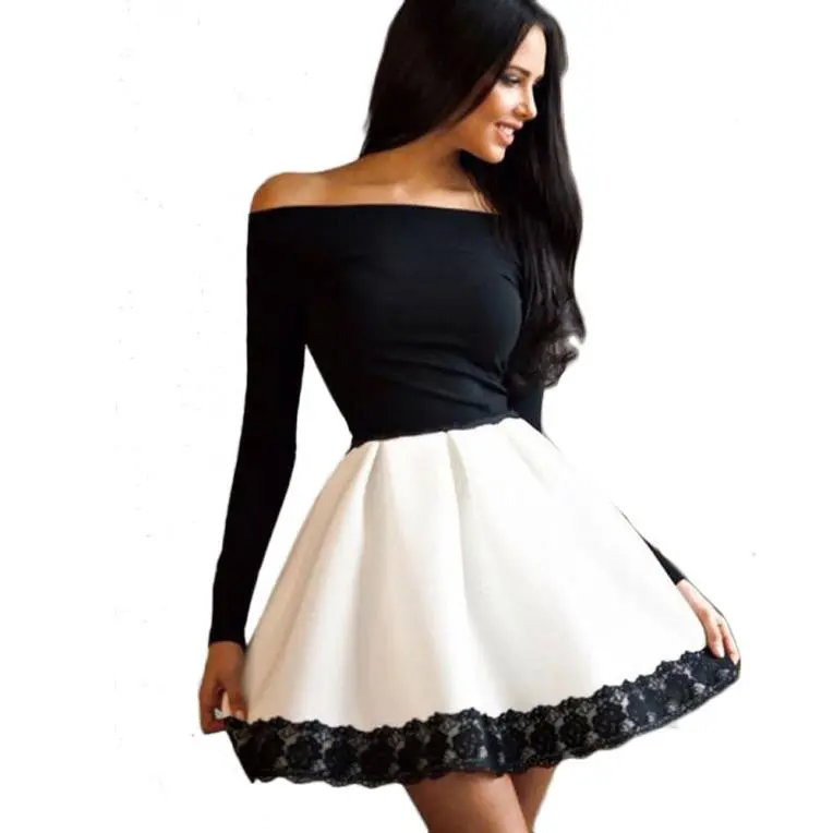 Sexy Robe Women Dress Casual Long Sleeve Lace Evening Party Short Dress Black White Feida 1