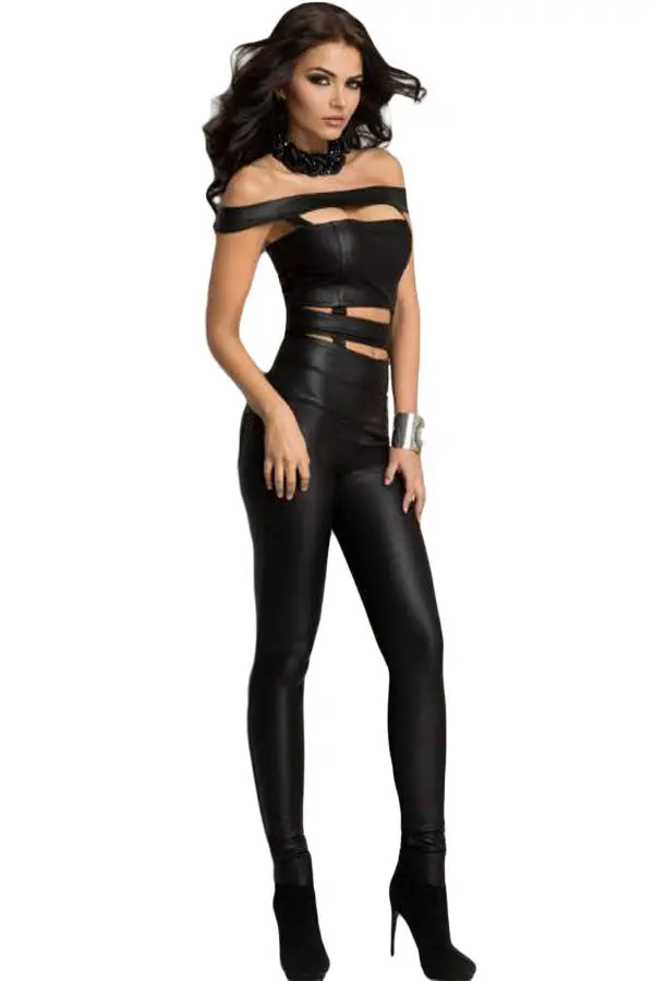 Sexy Rompers For Leather Bandage Jumpsuit Bodycon Black Off Shoulder Sexy Club Jumpsuit Long Pants 60870 1
