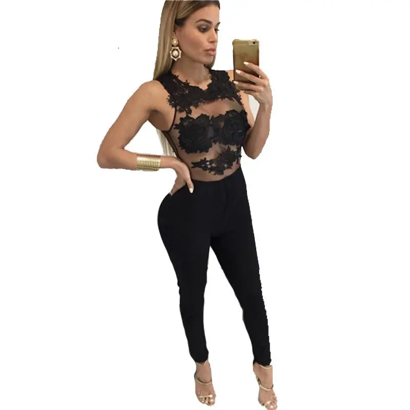 Sexy Rompers Womens Jumpsuit Bodycon Jumpsuit Club Wear Sheer Lace Flower Crochet Romper Plus Size Bodysuit 4