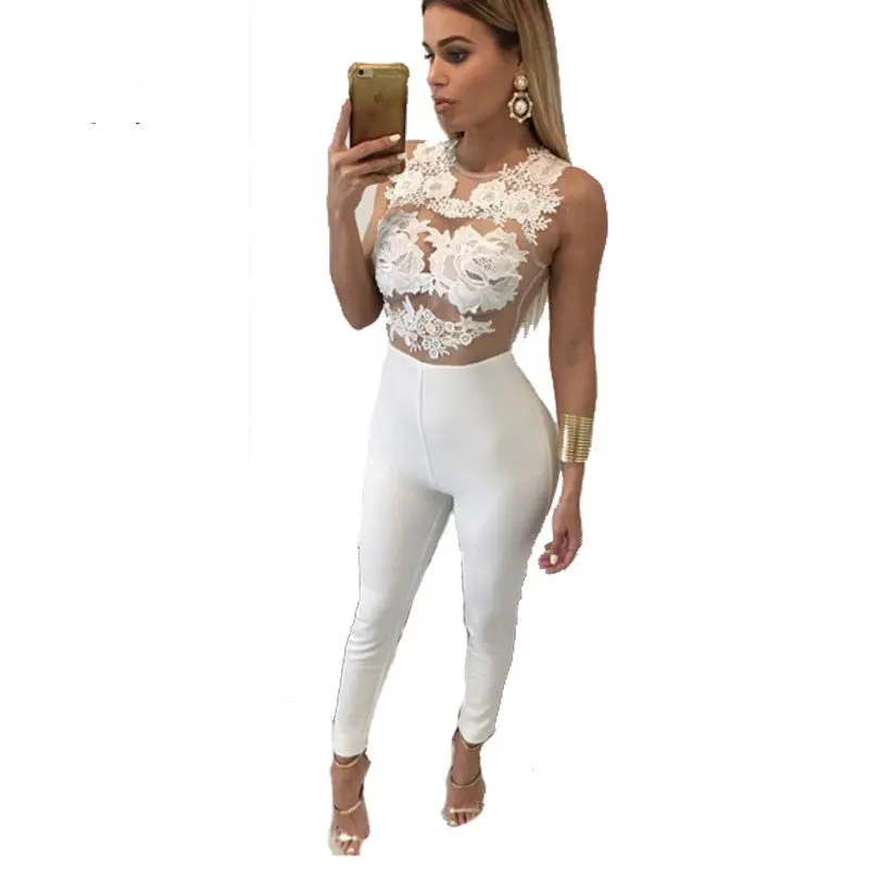 Sexy Rompers Womens Jumpsuit Bodycon Jumpsuit Club Wear Sheer Lace Flower Crochet Romper Plus Size Bodysuit 5