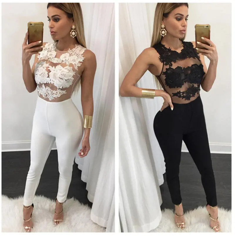 Sexy Rompers Womens Jumpsuit Bodycon Jumpsuit Club Wear Sheer Lace Flower Crochet Romper Plus Size Bodysuit 6