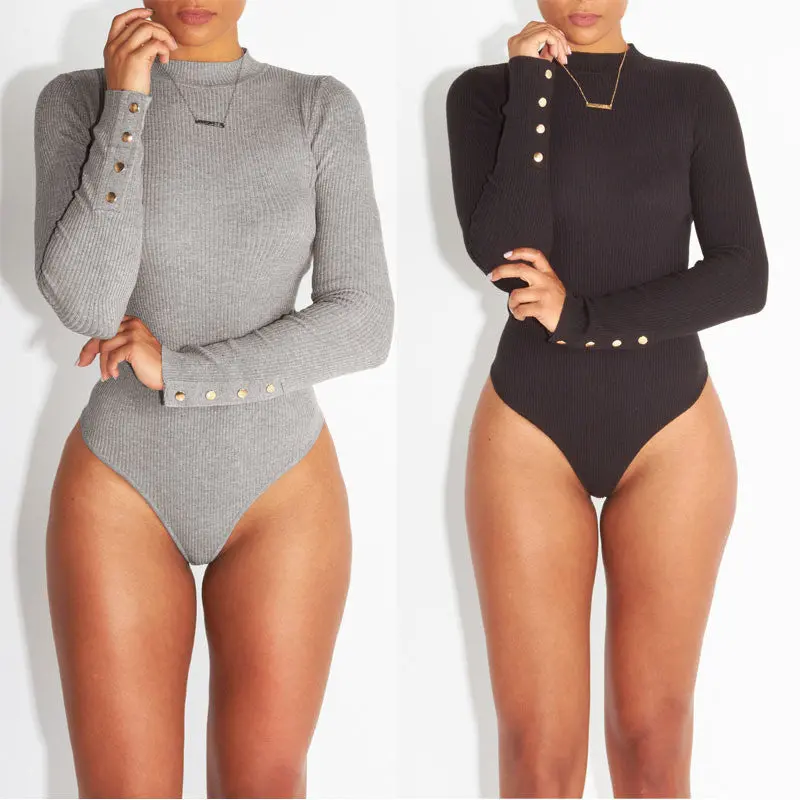 Sexy Round Neck Long Sleeved Solid Short Bodysuit For Women Ladies Strechy Slim Short Jumpsuit With Rivet Lx106 3