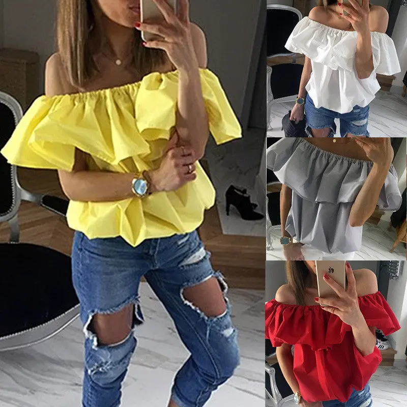 Sexy Ruffle Off Shoulder Woman Blouse Shirts Candy Color Blouses Butterfly Sleeve Blouse Top Sexy Loose Blusas Gv244-1 6