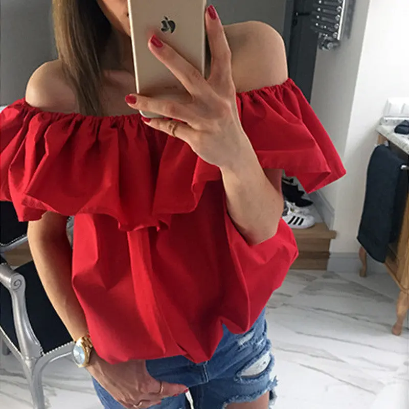 Sexy Ruffle Off Shoulder Woman Blouse Shirts Candy Color Blouses Butterfly Sleeve Blouse Top Sexy Loose Blusas Gv244-1 8