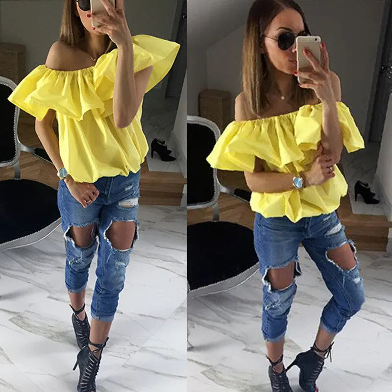 Sexy Ruffle Off Shoulder Woman Blouse Shirts Candy Color Blouses Butterfly Sleeve Blouse Top Sexy Loose Blusas Gv244-1 9