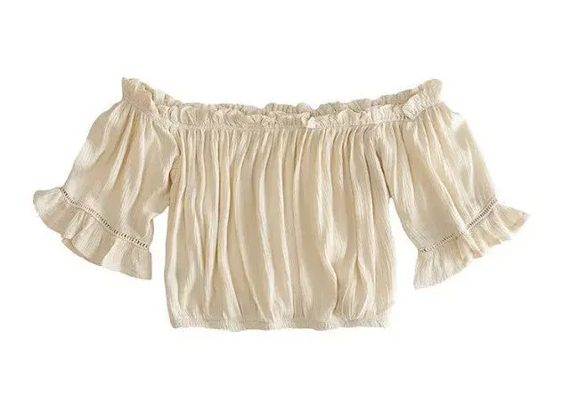 Sexy Ruffles Elastic Slash Neck Tee Women Off Shoulder Hollow Out Short Sleeve Short T-Shirt Crop Top Beige White Color 1