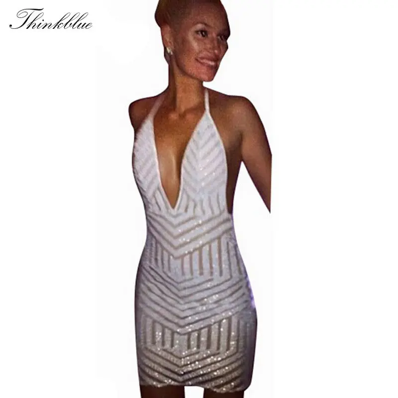 Sexy Sequined Club Dresses White Deep V Backless Party Dresses Bodycon Dress Striped Mini Women Dress 2