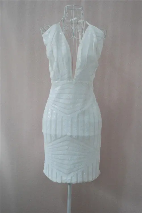 Sexy Sequined Club Dresses White Deep V Backless Party Dresses Bodycon Dress Striped Mini Women Dress 3