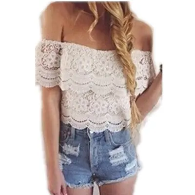 Sexy Shoulder Off Crochet Crop Top Lace Floral Sexy Blouse Women Lace Cropped Tops Regata Feminina 1