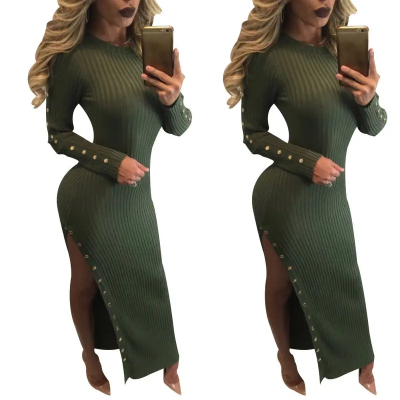 Sexy Side Split O Neck Knit Dresses Long Sleeve Warm Bodycon Maxi Sweater Dress For Young Ladies Lx079 1