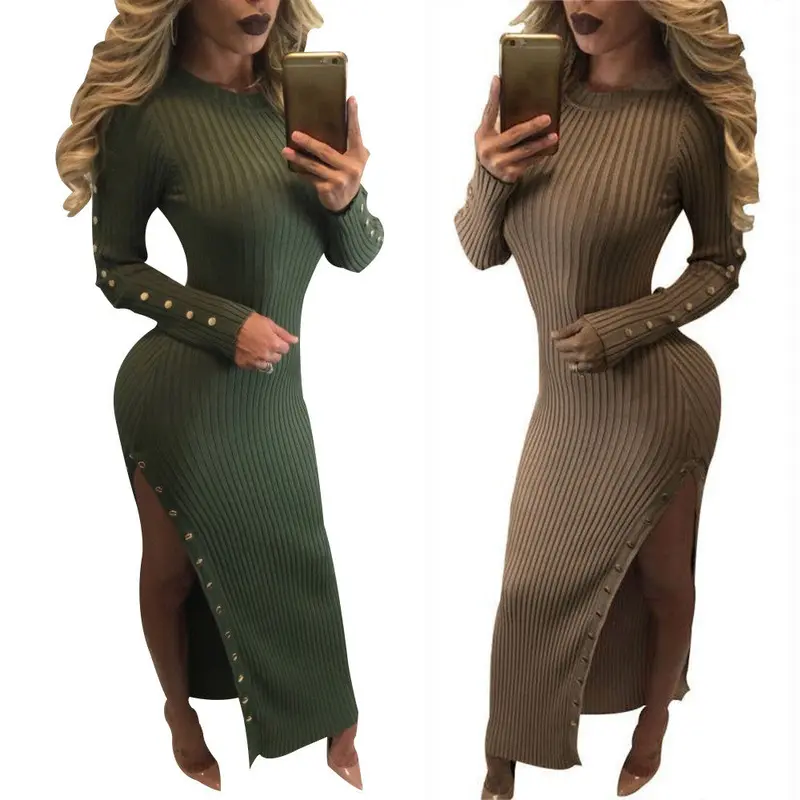 Sexy Side Split O Neck Knit Dresses Long Sleeve Warm Bodycon Maxi Sweater Dress For Young Ladies Lx079 4