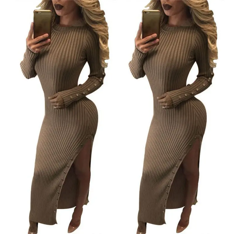 Sexy Side Split O Neck Knit Dresses Long Sleeve Warm Bodycon Maxi Sweater Dress For Young Ladies Lx079 5