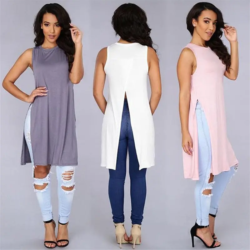 Sexy Side Split Women Tops Sleeveless Top Loose Long Shirts Women Casual Top Tees Tank Women Tops 4