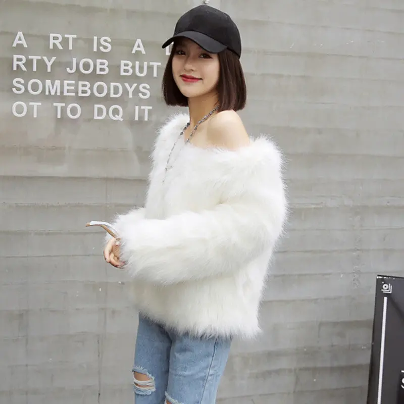 Sexy Slash Neck Long Hairy Shaggy Faux Fox Fur Coat Women Off Shoulder Faux Fur Coats Thick Pullovers Outerwear 2 Color 3