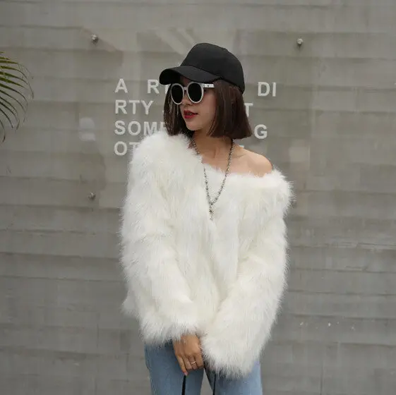 Sexy Slash Neck Long Hairy Shaggy Faux Fox Fur Coat Women Off Shoulder Faux Fur Coats Thick Pullovers Outerwear 2 Color 4