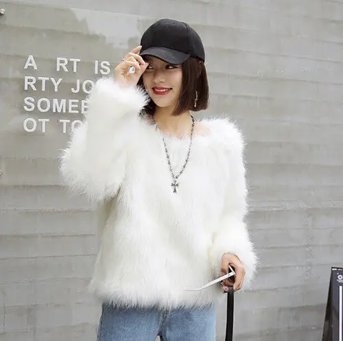 Sexy Slash Neck Long Hairy Shaggy Faux Fox Fur Coat Women Off Shoulder Faux Fur Coats Thick Pullovers Outerwear 2 Color 5