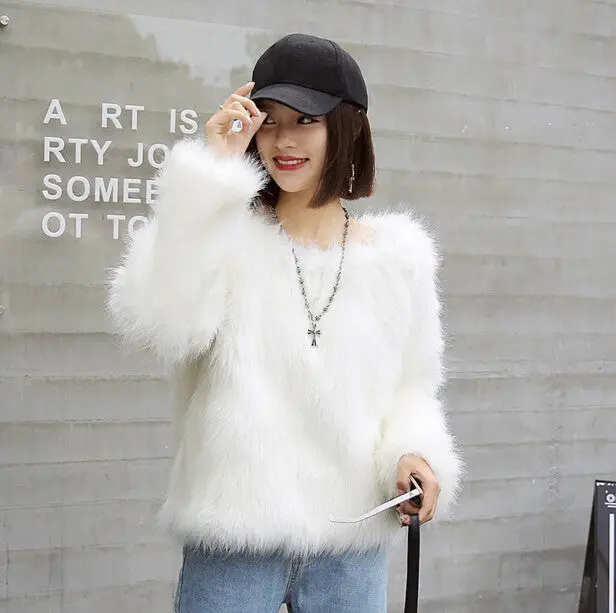 Sexy Slash Neck Long Hairy Shaggy Faux Fox Fur Coat Women Off Shoulder Faux Fur Coats Thick Pullovers Outerwear 2 Color 5