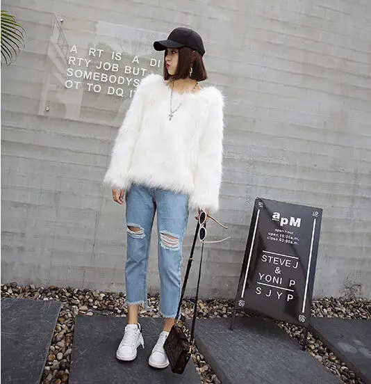 Sexy Slash Neck Long Hairy Shaggy Faux Fox Fur Coat Women Off Shoulder Faux Fur Coats Thick Pullovers Outerwear 2 Color 6