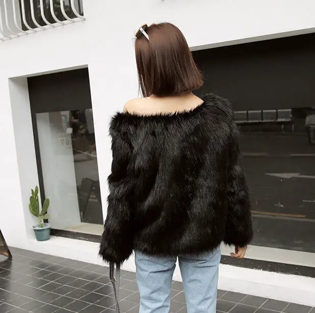 Sexy Slash Neck Long Hairy Shaggy Faux Fox Fur Coat Women Off Shoulder Faux Fur Coats Thick Pullovers Outerwear 2 Color 8