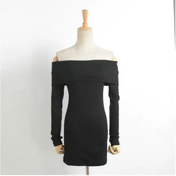 Sexy Slash Neck Off Shoulder Dress Women Retro Long Sleeve Mini Short Dress White Black 1