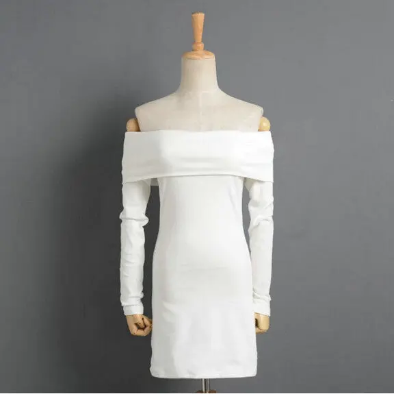 Sexy Slash Neck Off Shoulder Dress Women Retro Long Sleeve Mini Short Dress White Black 3