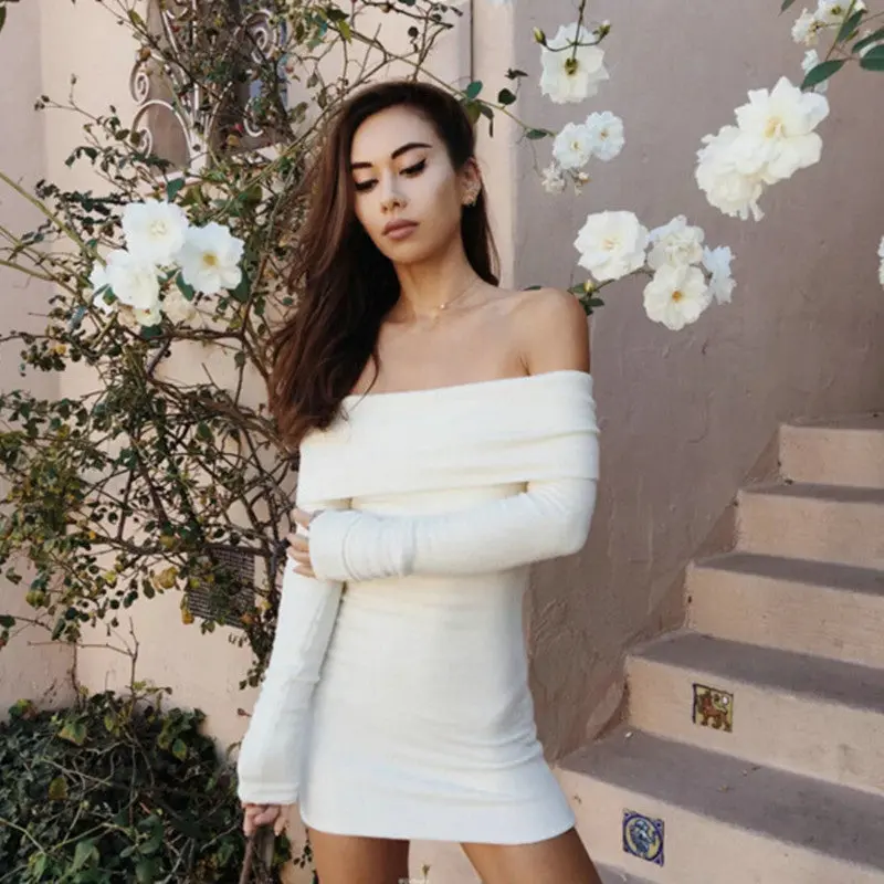 Sexy Slash Neck Off Shoulder Dress Women Retro Long Sleeve Mini Short Dress White Black 3
