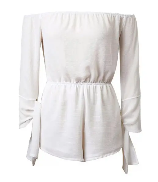 Sexy Slash Neck Off Shoulder Jumpsuit Women Ruffles Long Sleeve Short Pants Romper Overalls White S M L 1